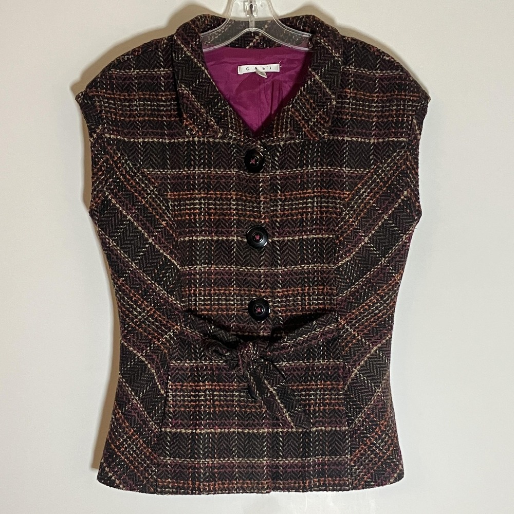 Cabi Vest Womens Medium Brown Plaid Tweed Button Front Belted Lined Waist Tie M‎